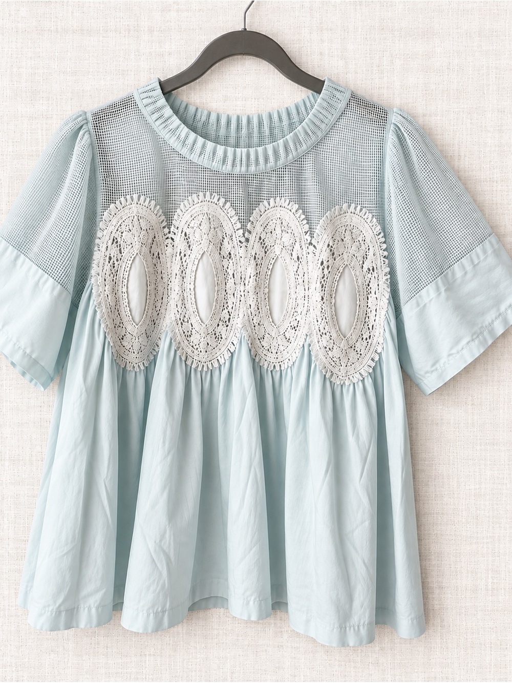 Boheme Light Blue Crochet-Panel Short Sleeve Peasant Top
